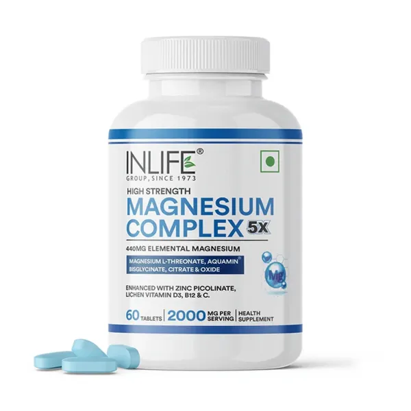 INLIFE Magnesium Supplement 2000mg | 5x Chelated Magnesium Complex Glycinate, L Threonate, Citrate, Oxide with Aquamin, Zinc, Vitamin C, D3 & B12-60 Tablets