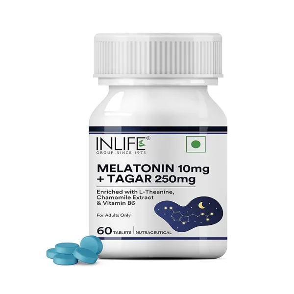 Inlife Melatonin 10mg with Tagar 250mg | 60 Tablets | Enhanced with Vitamin B6 & Chamomile Extract | Non-Habit Forming (Pack of 1)