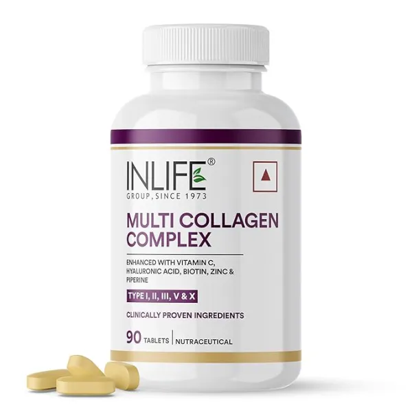 Inlife Multi Collagen Complex Tablets | 5 Types Peptides I, II, III, V & X with Biotin, Hyaluronic Acid | Collagen Powder Supplements for Women & Men - 90 Tablets (Pack of 1)