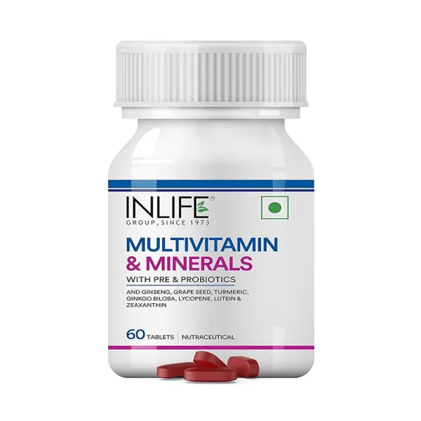 INLIFE Multivitamin Tablets For Men & Women with Ginseng & Prebiotic Probiotic | Multivitamin Supplement with Vitamin B12, C, D, E, Zinc & Biotin Nutrition Tablet (60 Tablets)