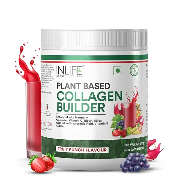 Inlife Collagen Builder Supplements For Women and Men | Plant Based Collagen Powder with Biotin from Sesbania, Vitamin C, Silica, Hyaluronic Acid, Vitamin E, 200g (Fruit Punch)