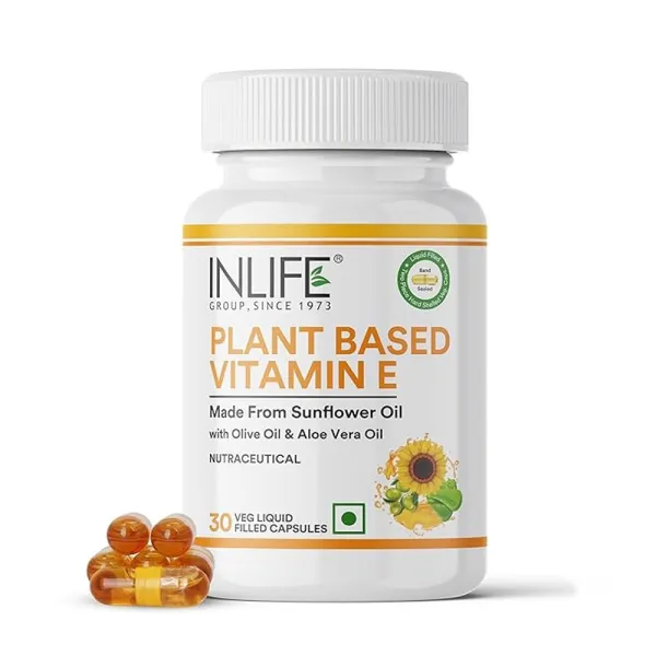 INLIFE Plant Based Natural Vitamin E Oil Capsules for Face and Hair|Sunflower, Olive & Aloe Vera Oils |For Women & Men–30 Vegetarian Capsules (Pack of 1)