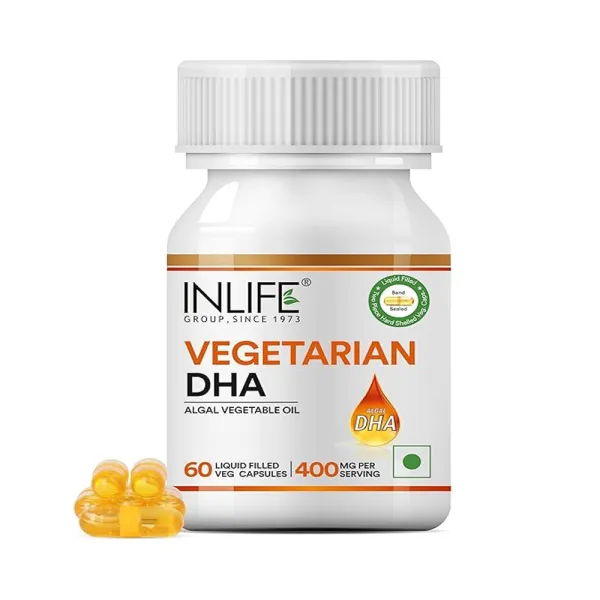 Inlife Plant Based Omega 3 Supplement | DHA 400mg from Algal Oil |60 Liquid Filled Vegetarian Capsules (Pack of 1)