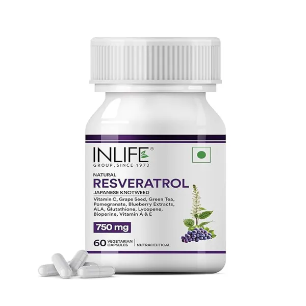 Inlife Resveratrol Supplements - 750 mg Antioxidant Formula with Japanese Knotweed (Trans-Resveratrol), Grape Seed, Lycopene, Vitamin E & C - 60 Veg Capsules