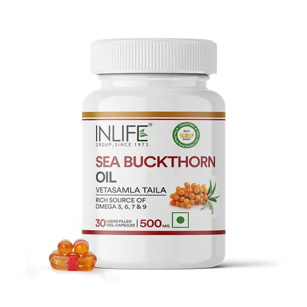 Inlife Sea Buckthorn Oil Capsules 500mg | Omega 3 6 7 9 Supplement - 30 Liquid Filled Vegetarian Capsules (Pack of 1, 30)