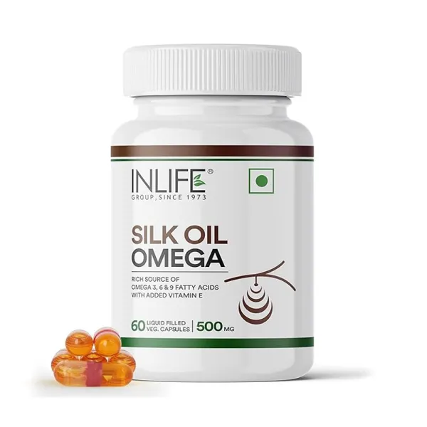 INLIFE Silk Oil Veg Omega 3 6 9 Capsules - For Men Women, 500mg - 60 Vegetarian Capsules (Pack of 1, 60)