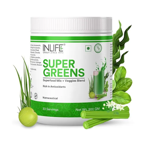 Inlife Super Greens Powder Supplement | Spirulina, Moringa, Chlorella, Alfalfa, Wheat Grass, Barley Grass Blend | 200g