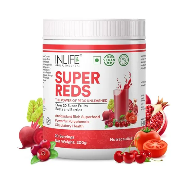 Inlife Super Reds Powder | Antioxidant-Rich Superfood Supplement Drink Mix | 20 Super Fruits, Beets & Berries 200g (Super Reds)