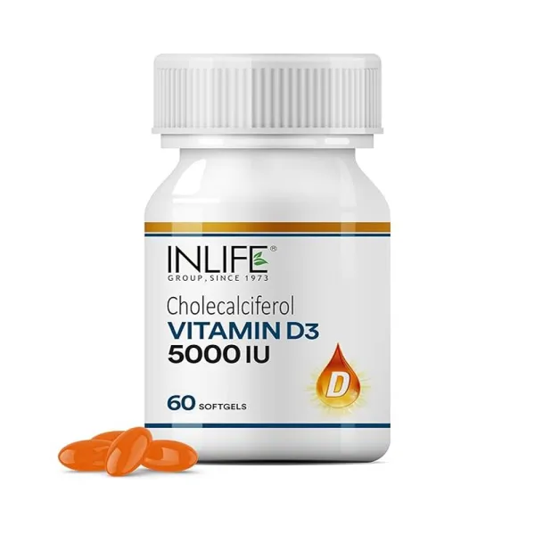Inlife Vitamin D3 5000 IU Cholecalciferol with Coconut Oil Supplement for Better Absorption, For Men & Women, Immunity, Bone Health, Muscles - 60 Softgels