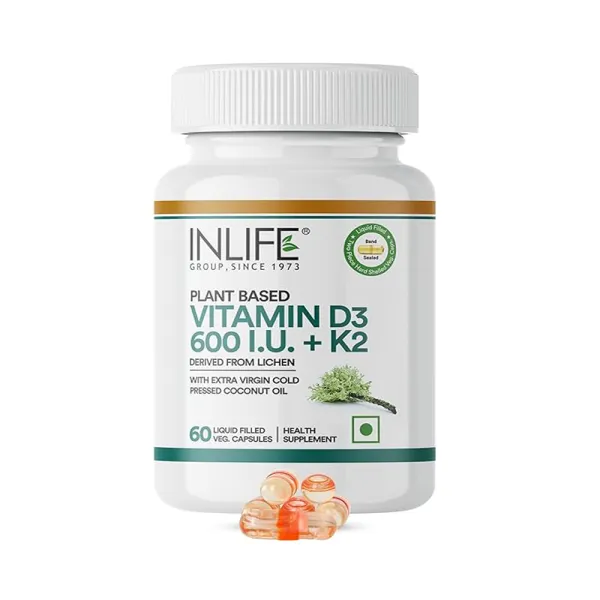 Inlife Vitamin D3 K2 Supplement | Plant Based D3 600 IU Lichen & Vitamin K2 MK7 55mcg | With Extra Virgin Cold Pressed Coconut Oil for Better Absorption, Men & Women - 60 Vegetarian Capsules (Pack of 1)